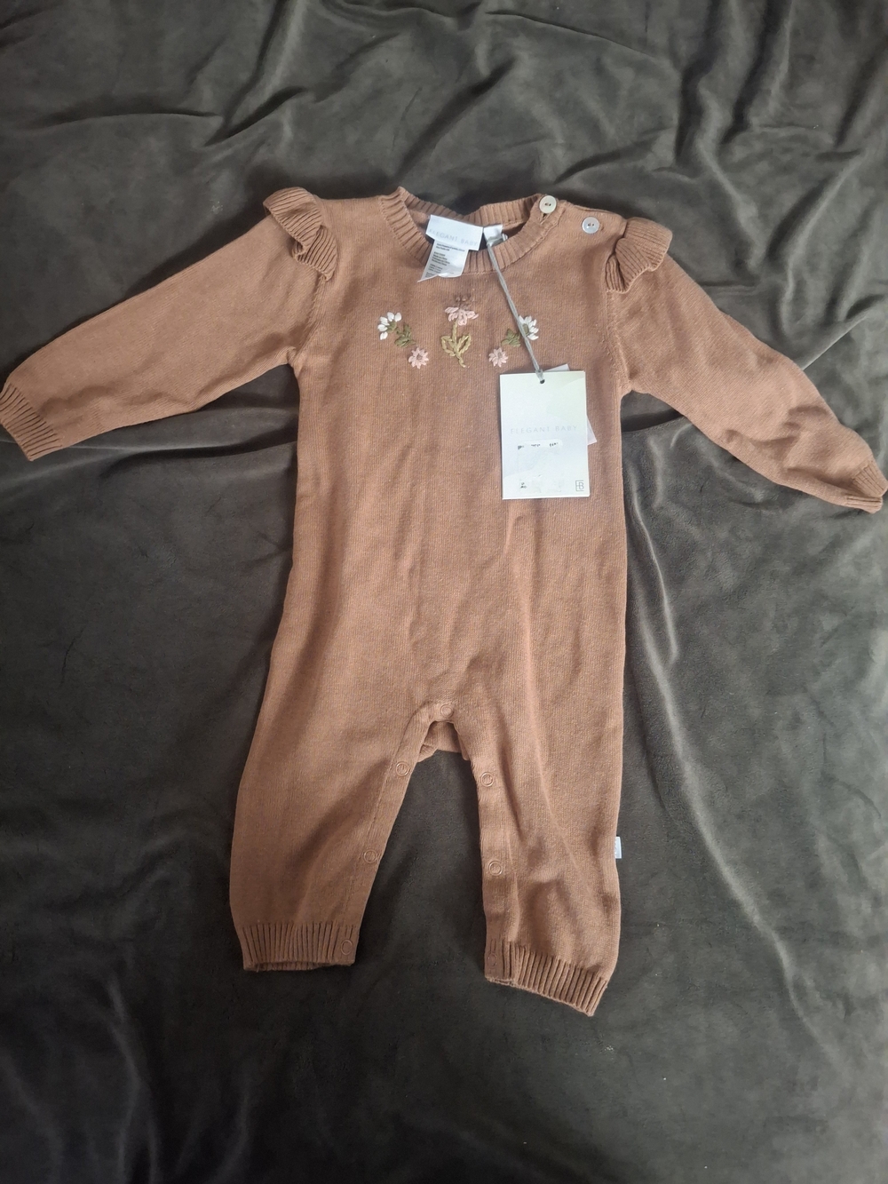 Baby Knit One-Piece Romper in Rust with Floral Embroidery